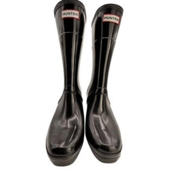 Hunter Original Tall High Gloss Wedge Rain Boots Black Rubber Heeled WMS Size 8 - Picture 5 of 15